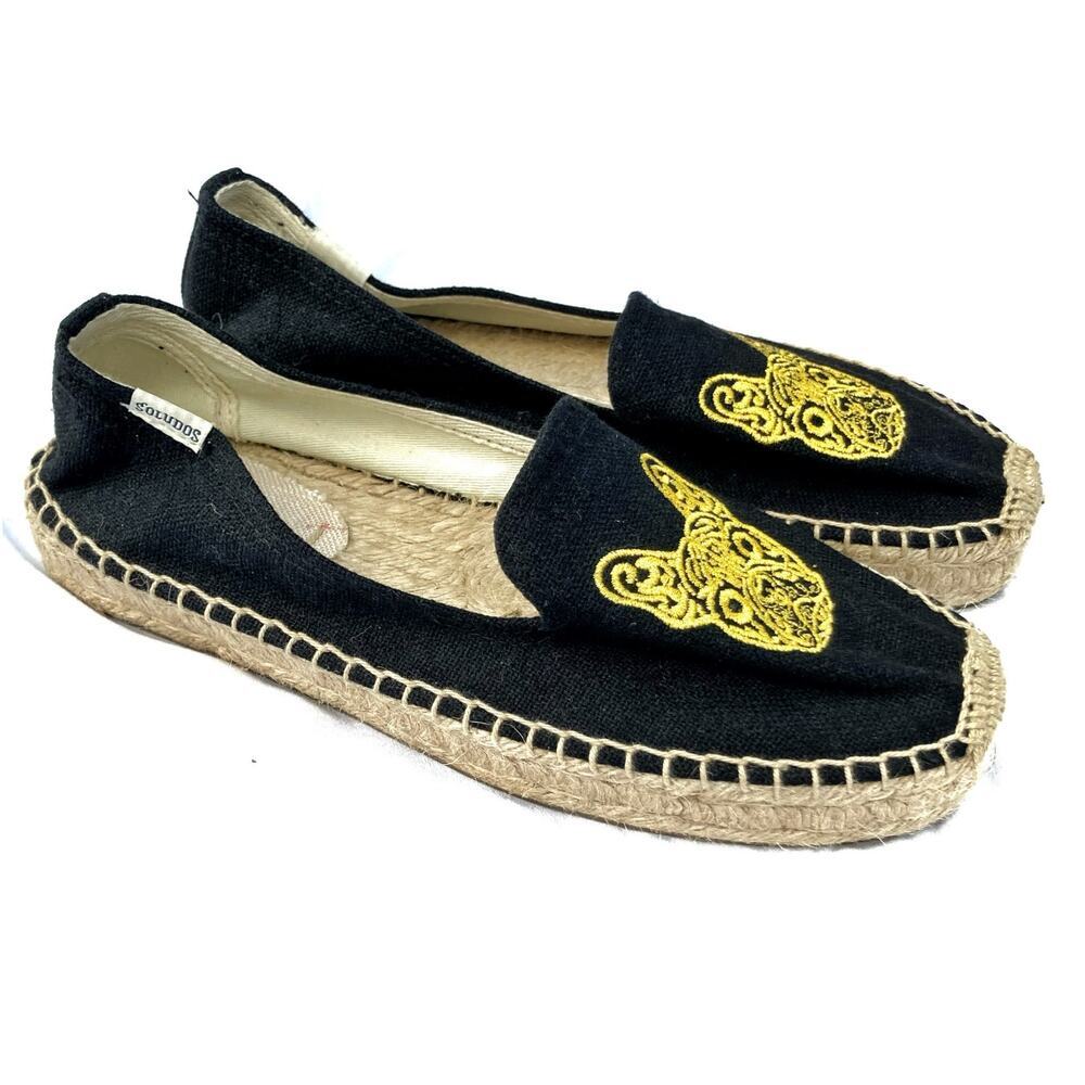 Soludos French Bulldog Embroidered Espadrilles Black Canvas Flats  Summer Vacay